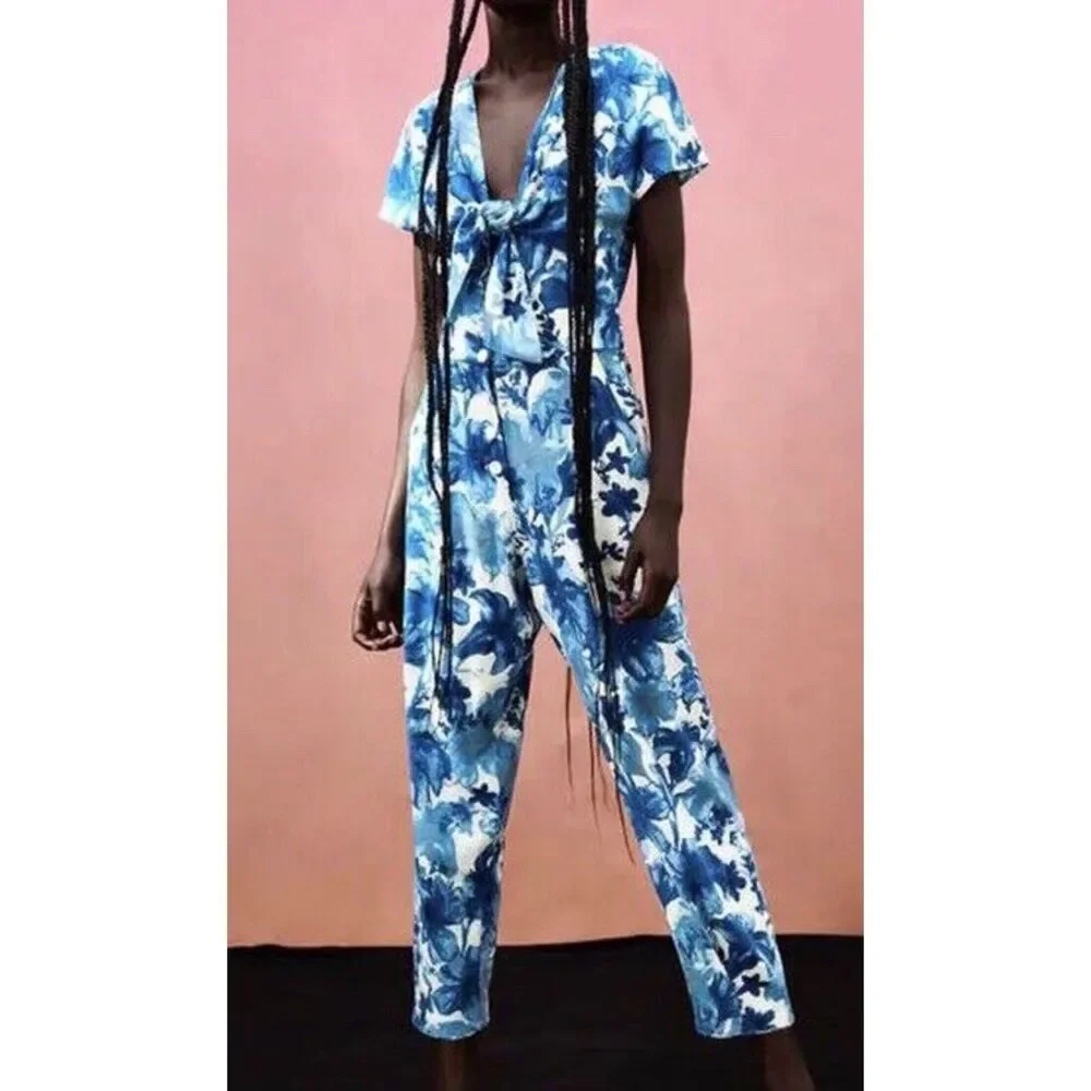 ZARA Floral Tie Front Linen‎ Blend Jumpsuit Blue Small